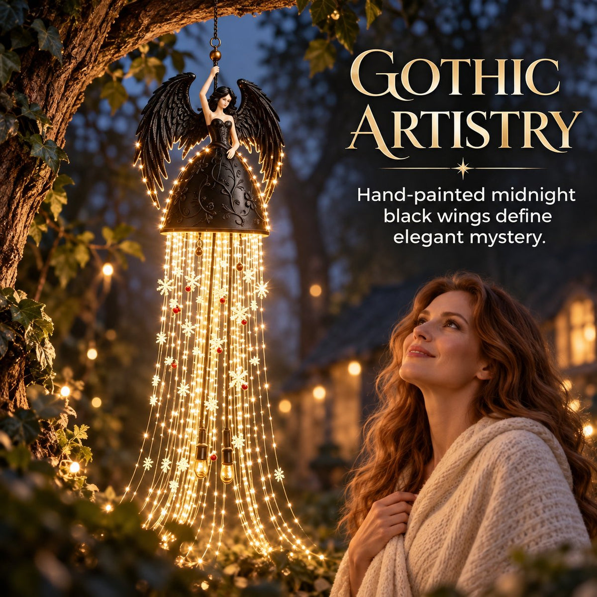 Gothic Dark Angel Starlight Waterfall Outdoor Resin Garden Light