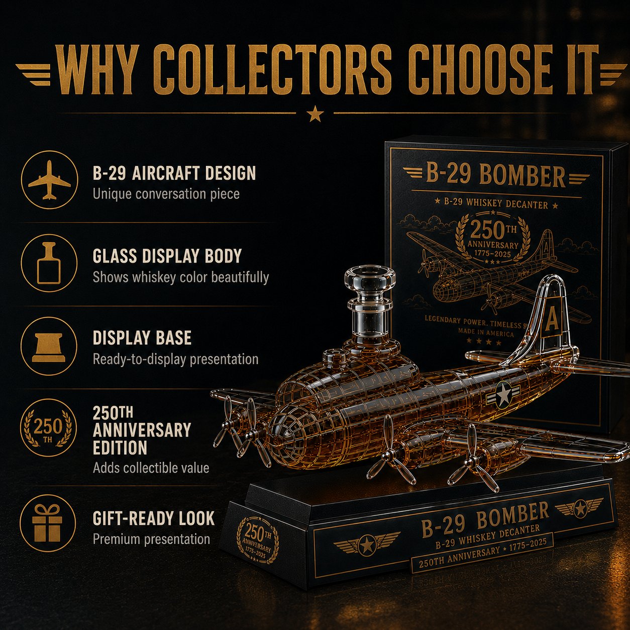 B-29 Bomber Collectible Whiskey Decanter, American Aviation History Inspired Glass Bottle with Display Base, 250th Anniversary Limited Style Gift