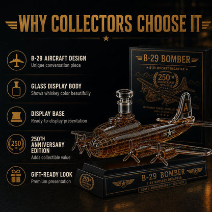 B-29 Bomber Collectible Whiskey Decanter, American Aviation History Inspired Glass Bottle with Display Base, 250th Anniversary Limited Style Gift