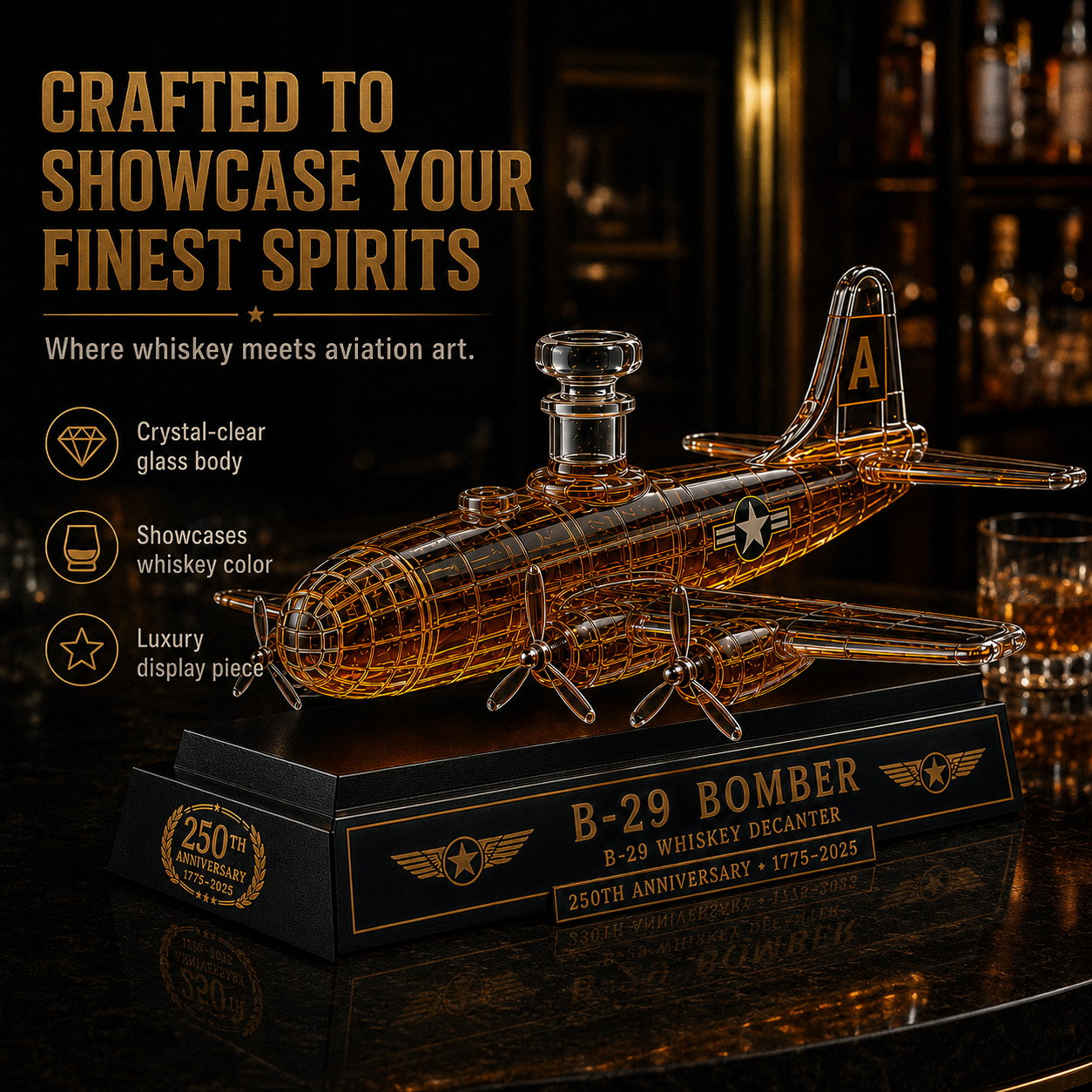 B-29 Bomber Collectible Whiskey Decanter, American Aviation History Inspired Glass Bottle with Display Base, 250th Anniversary Limited Style Gift