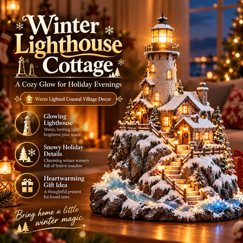 ❄️ Winter Lighthouse Cottage Glow — Lighted Coastal Christmas Village ✨