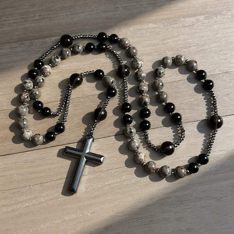 Natural Obsidian Yooperlite RosaryNecklace, UV Reactive EnergyProtection Healing Crystal