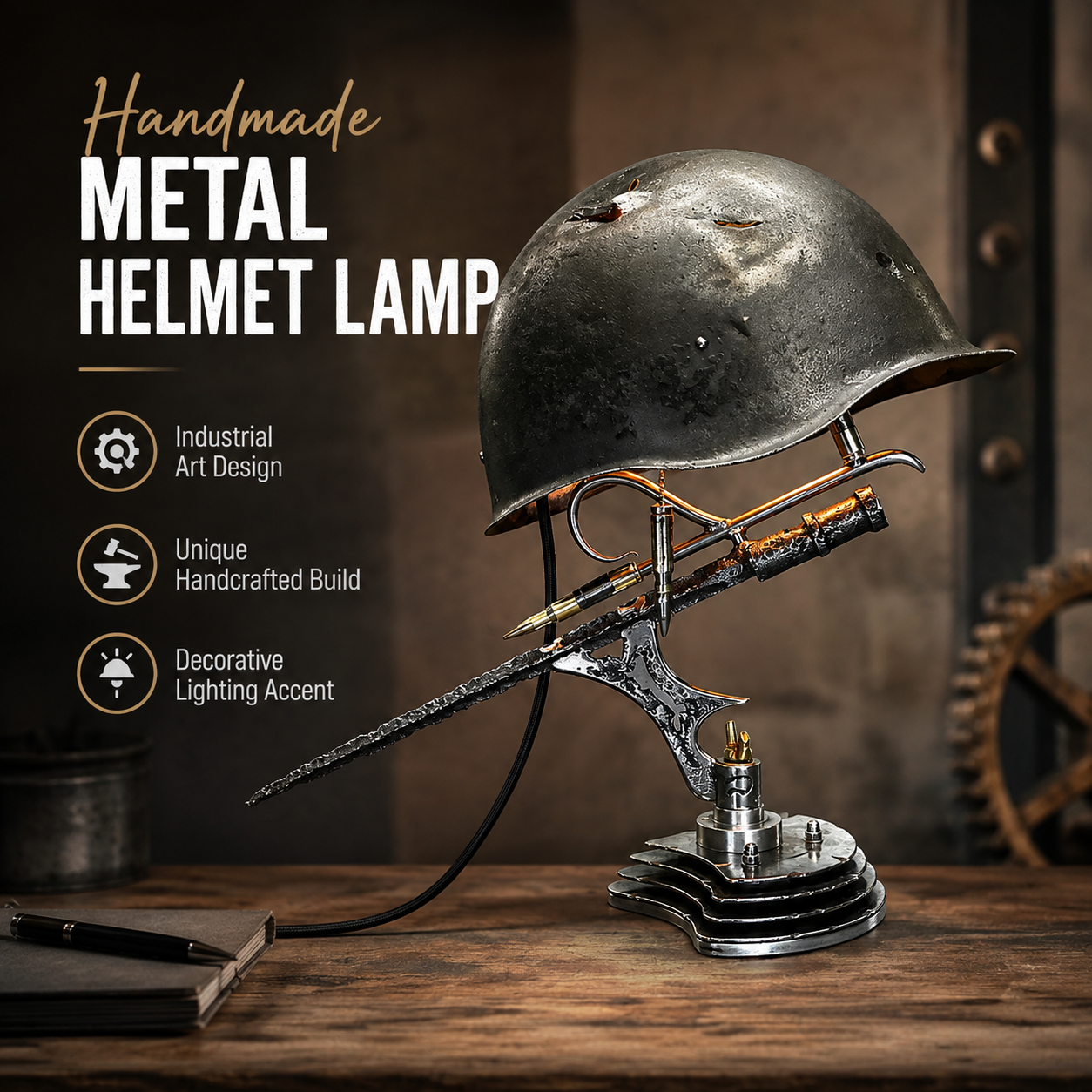 🪖 War Relic Vintage Helmet Table Lamp