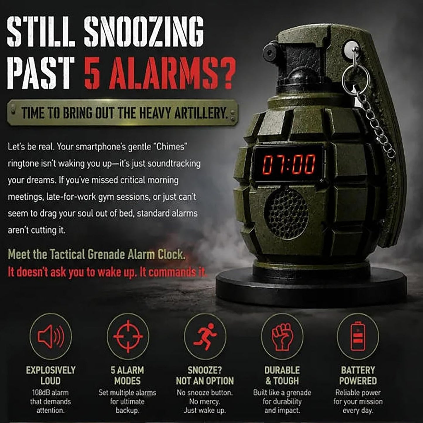 Grenade Alarm Clock with Interactive Safety Ring Deactivation; Military Tactical Style with Powerful Sound Alarm for Men and Teens
