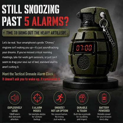 Grenade Alarm Clock with Interactive Safety Ring Deactivation; Military Tactical Style with Powerful Sound Alarm for Men and Teens