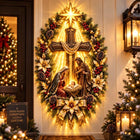 ⭐ Bethlehem Star Nativity Cross Wreath – Lighted Christian Christmas Wall Decor with Holy Family & Warm LED Glow