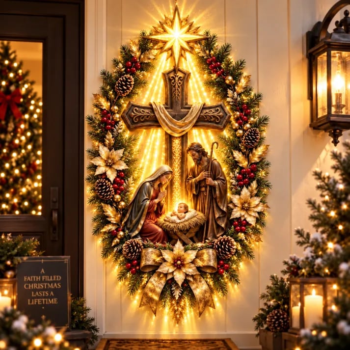 ⭐ Bethlehem Star Nativity Cross Wreath – Lighted Christian Christmas Wall Decor with Holy Family & Warm LED Glow