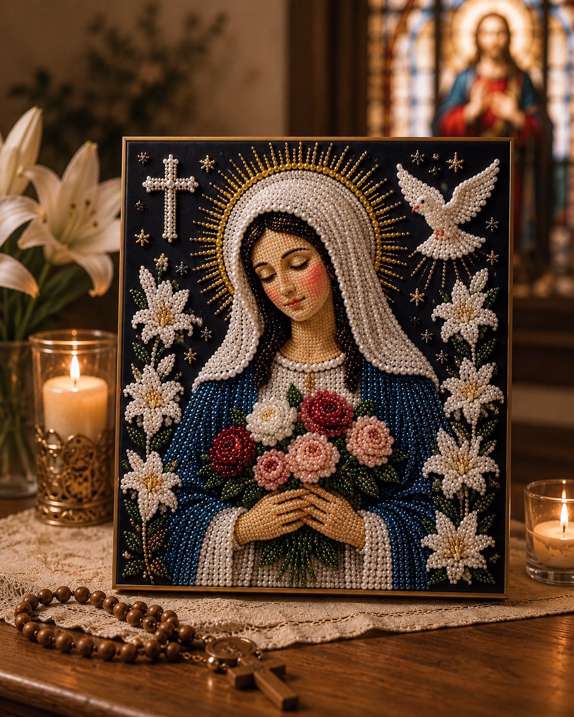 🙏 Divine Pearl Bead Virgin Mary Icon – A Peaceful DIY Faith Art Gift ✨