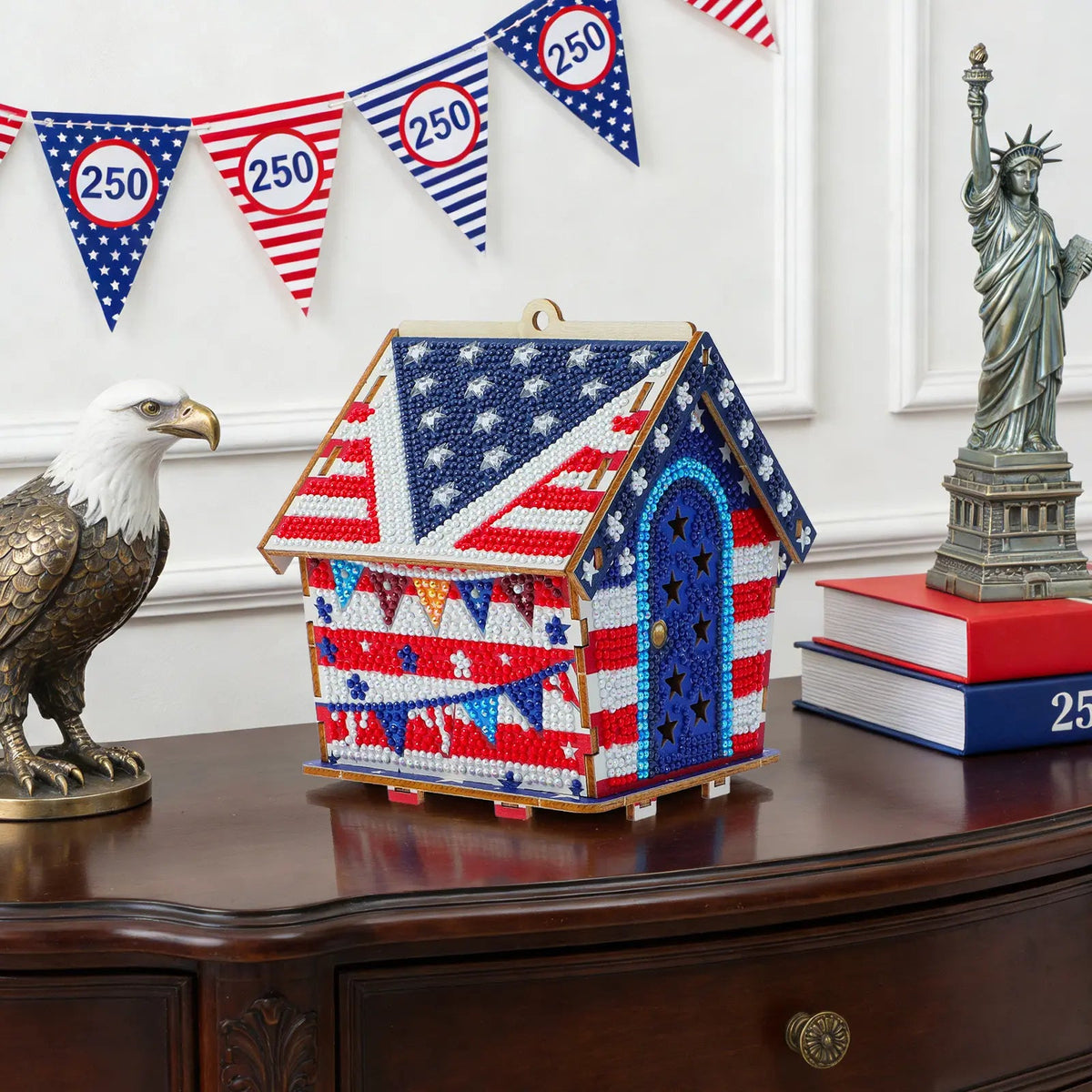 USA 250th Anniversary Diamond Painting Kit – American Flag Wooden House Decor