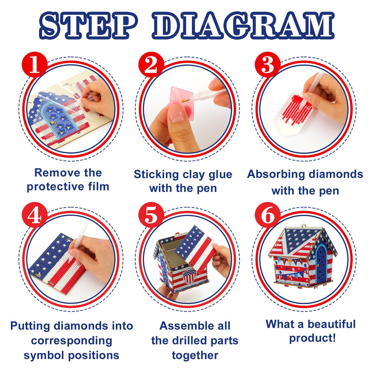 USA 250th Anniversary Diamond Painting Kit – American Flag Wooden House Decor