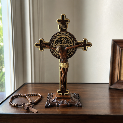 Hand-Carved Beechwood Saint Benedict Crucifix – Double-Sided Christian Standing Cross