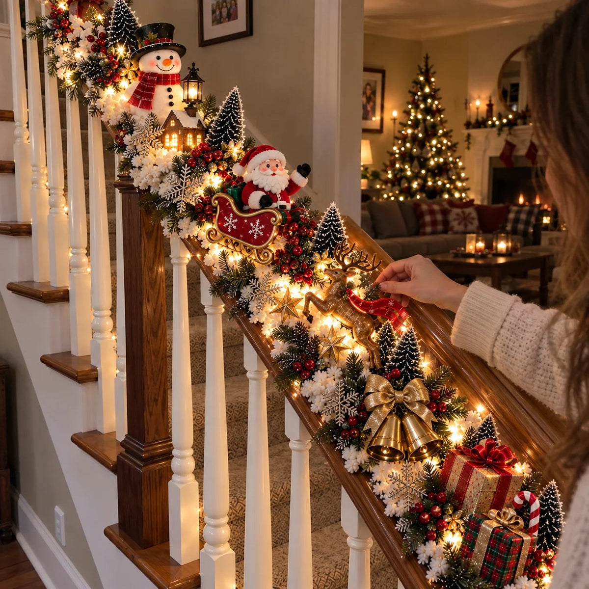 🎅 Santa’s Sleigh Snowy Stair Railing Decor | Pre-Lit Christmas Banister Garland