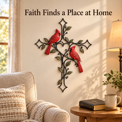 ❤️ Love Stays Close – Cardinal Heart Cross Wall Decor