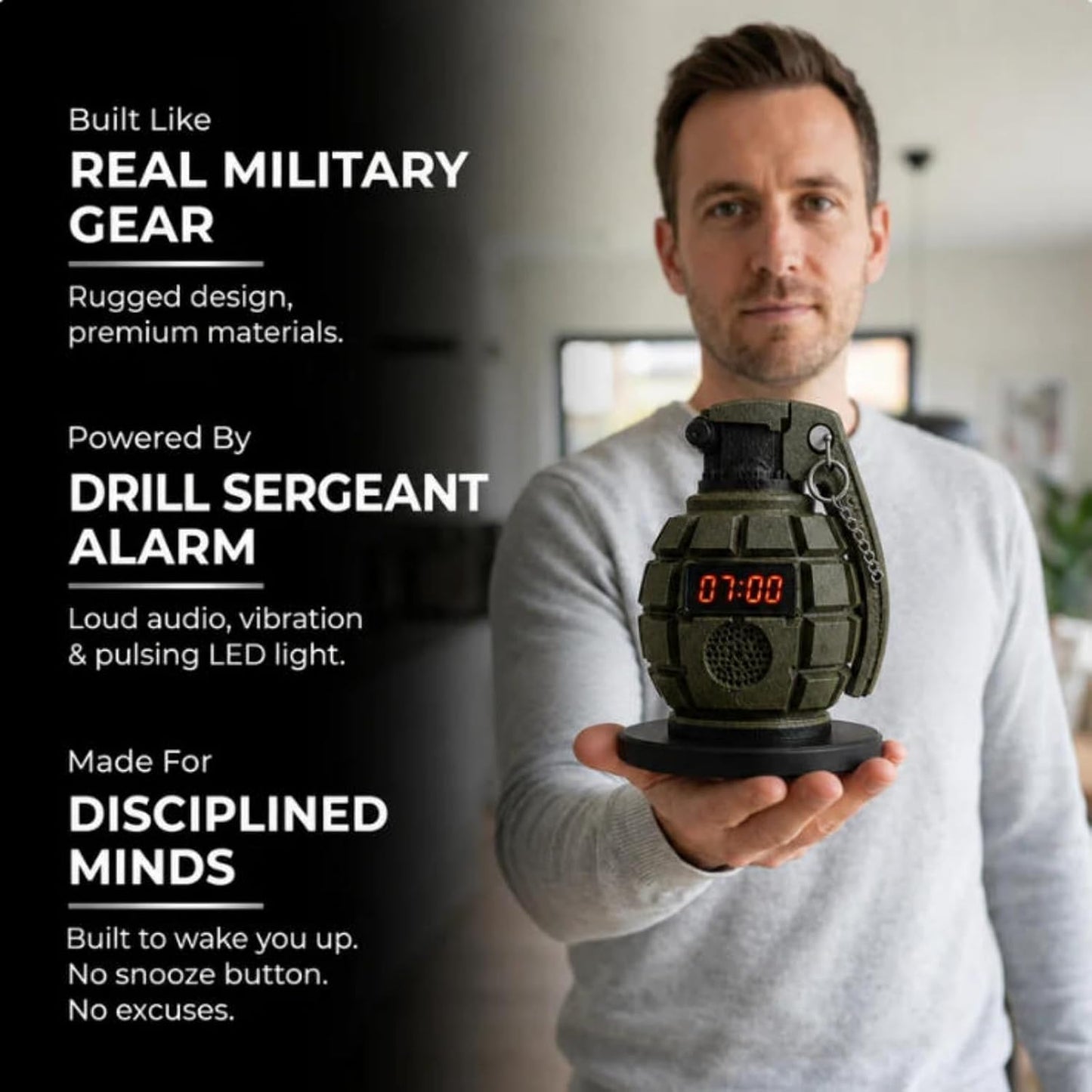 Grenade Alarm Clock with Interactive Safety Ring Deactivation; Military Tactical Style with Powerful Sound Alarm for Men and Teens