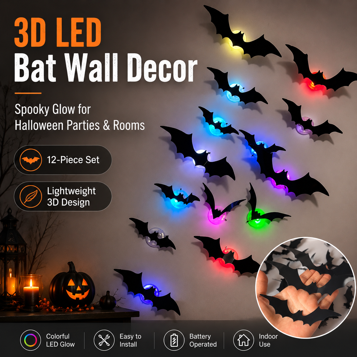 3D LED Halloween Bat Wall Decor – Colorful Glowing Flying Bats
