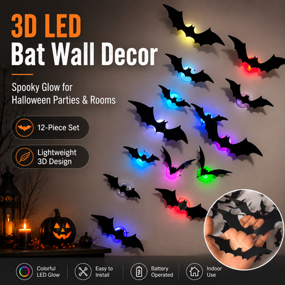 3D LED Halloween Bat Wall Decor – Colorful Glowing Flying Bats