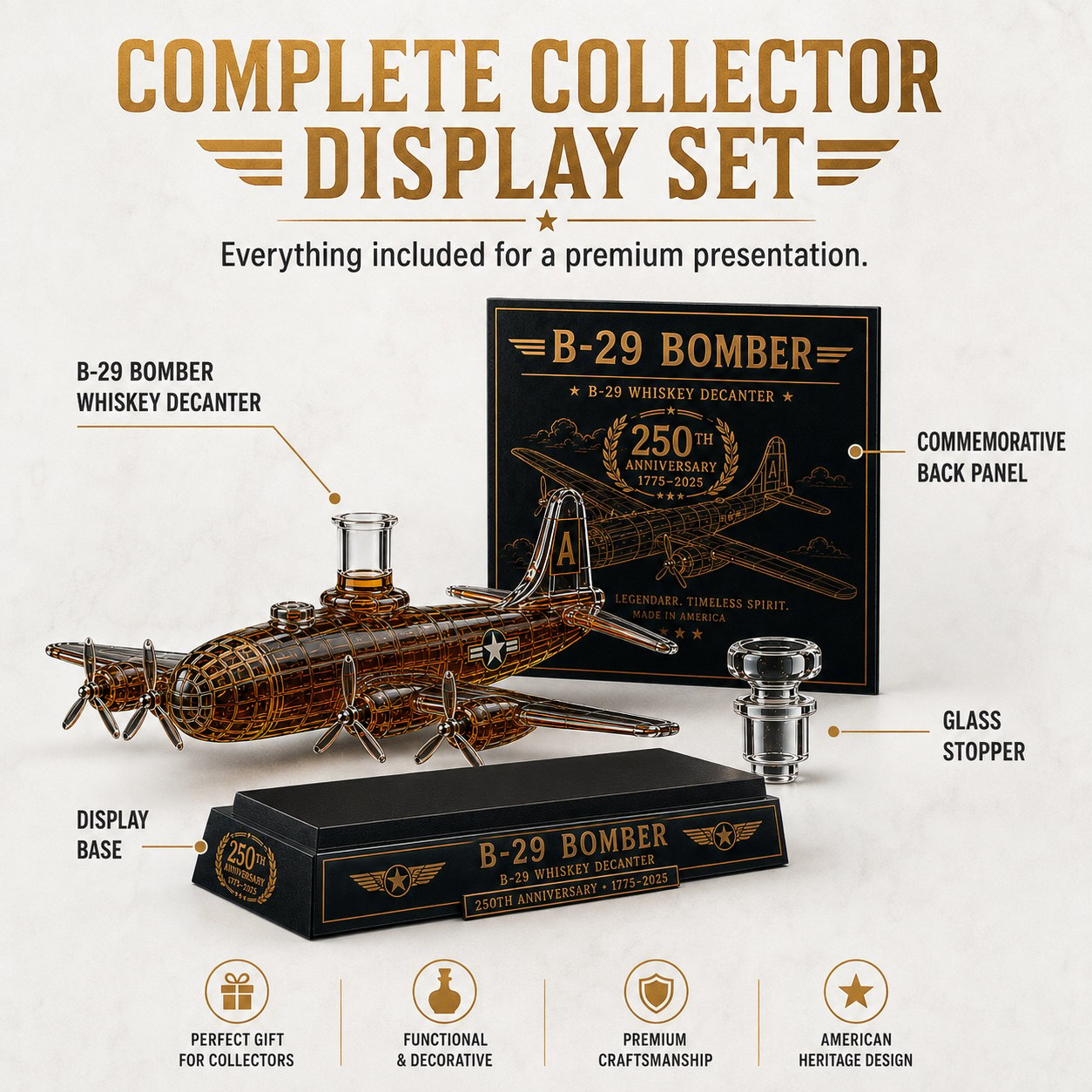 B-29 Bomber Collectible Whiskey Decanter, American Aviation History Inspired Glass Bottle with Display Base, 250th Anniversary Limited Style Gift