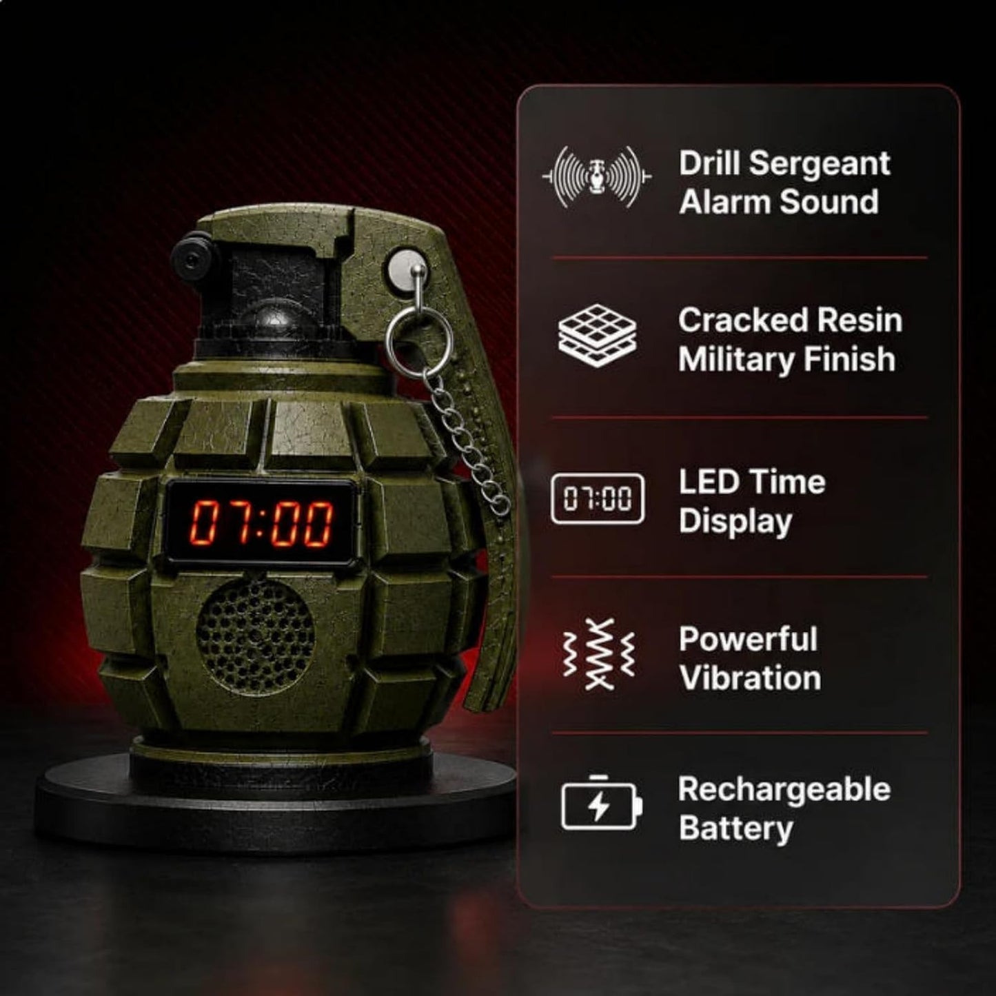 Grenade Alarm Clock with Interactive Safety Ring Deactivation; Military Tactical Style with Powerful Sound Alarm for Men and Teens