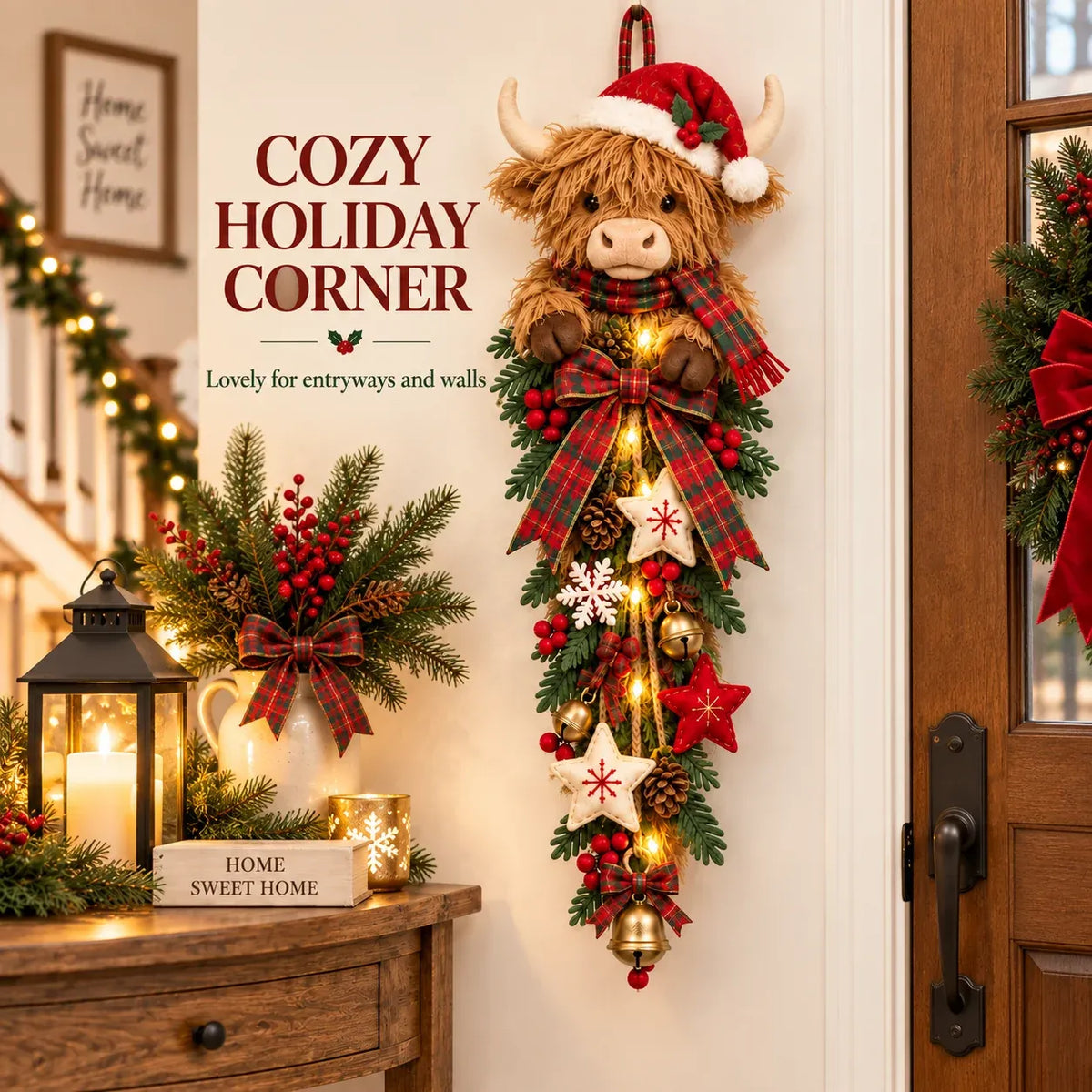 ✨🎄Lighted Highland CowChristmas Door Swag - ACozy Holiday Welcome