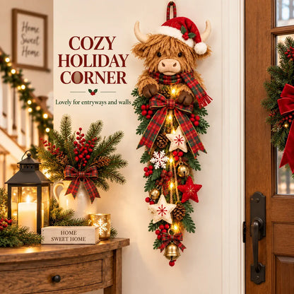 ✨🎄Lighted Highland CowChristmas Door Swag - ACozy Holiday Welcome