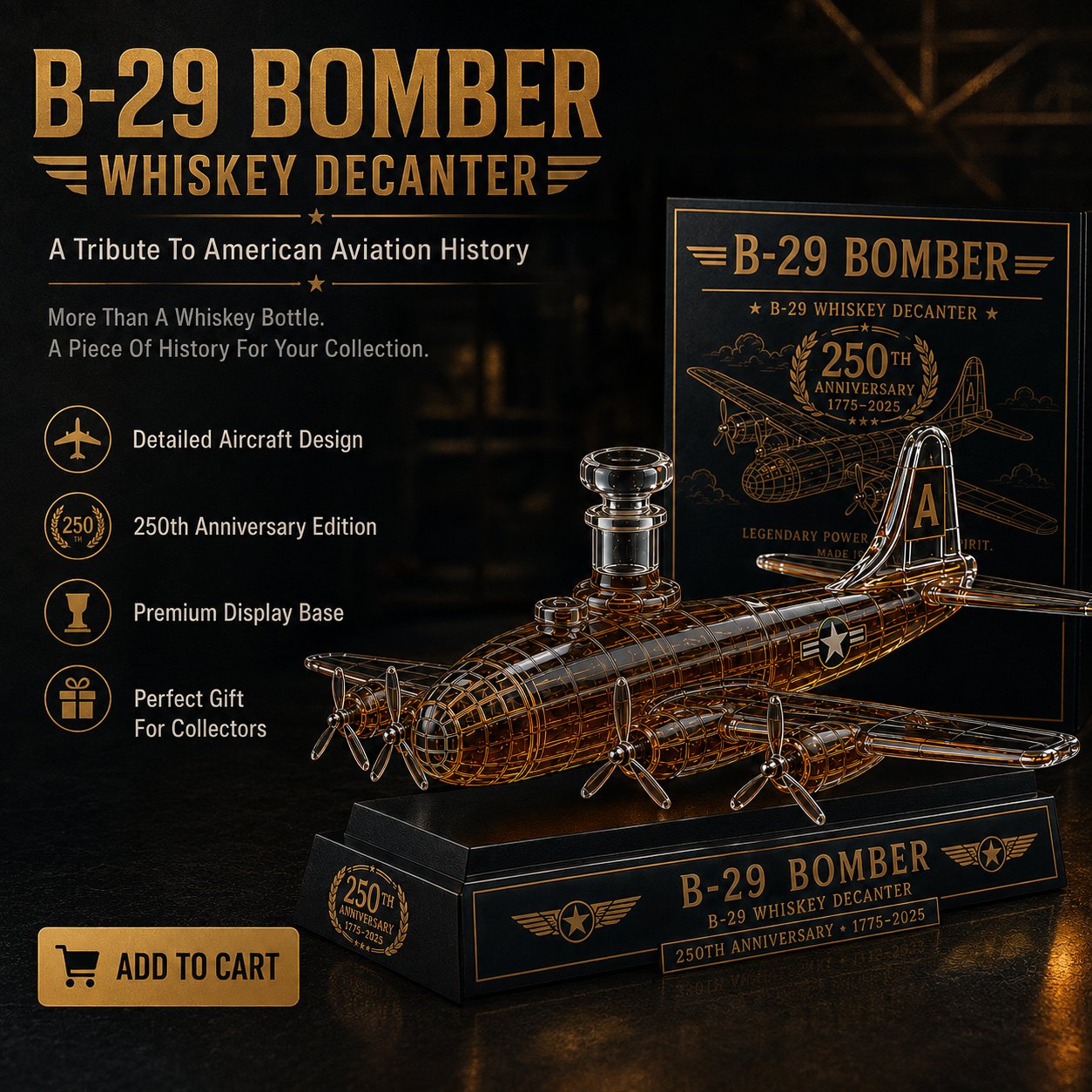B-29 Bomber Collectible Whiskey Decanter, American Aviation History Inspired Glass Bottle with Display Base, 250th Anniversary Limited Style Gift