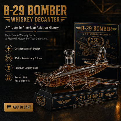 B-29 Bomber Collectible Whiskey Decanter, American Aviation History Inspired Glass Bottle with Display Base, 250th Anniversary Limited Style Gift
