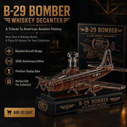 B-29 Bomber Collectible Whiskey Decanter, American Aviation History Inspired Glass Bottle with Display Base, 250th Anniversary Limited Style Gift