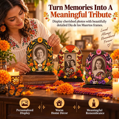 💀 DAY OF THE DEAD DECOR | 6 Wooden Memorial Photo Frames – Colorful Ofrenda Picture Frame Set with Floral Details