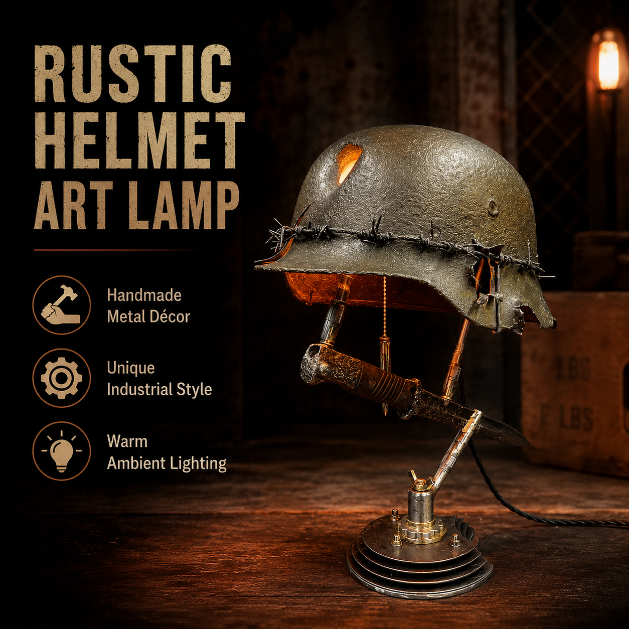 🪖 War Relic Vintage Helmet Table Lamp