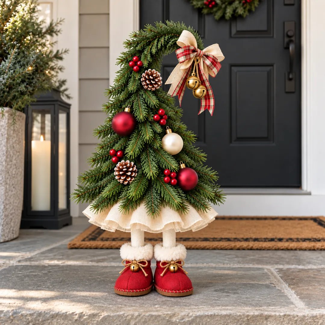 Large Christmas elf tree outside a covered home entrance