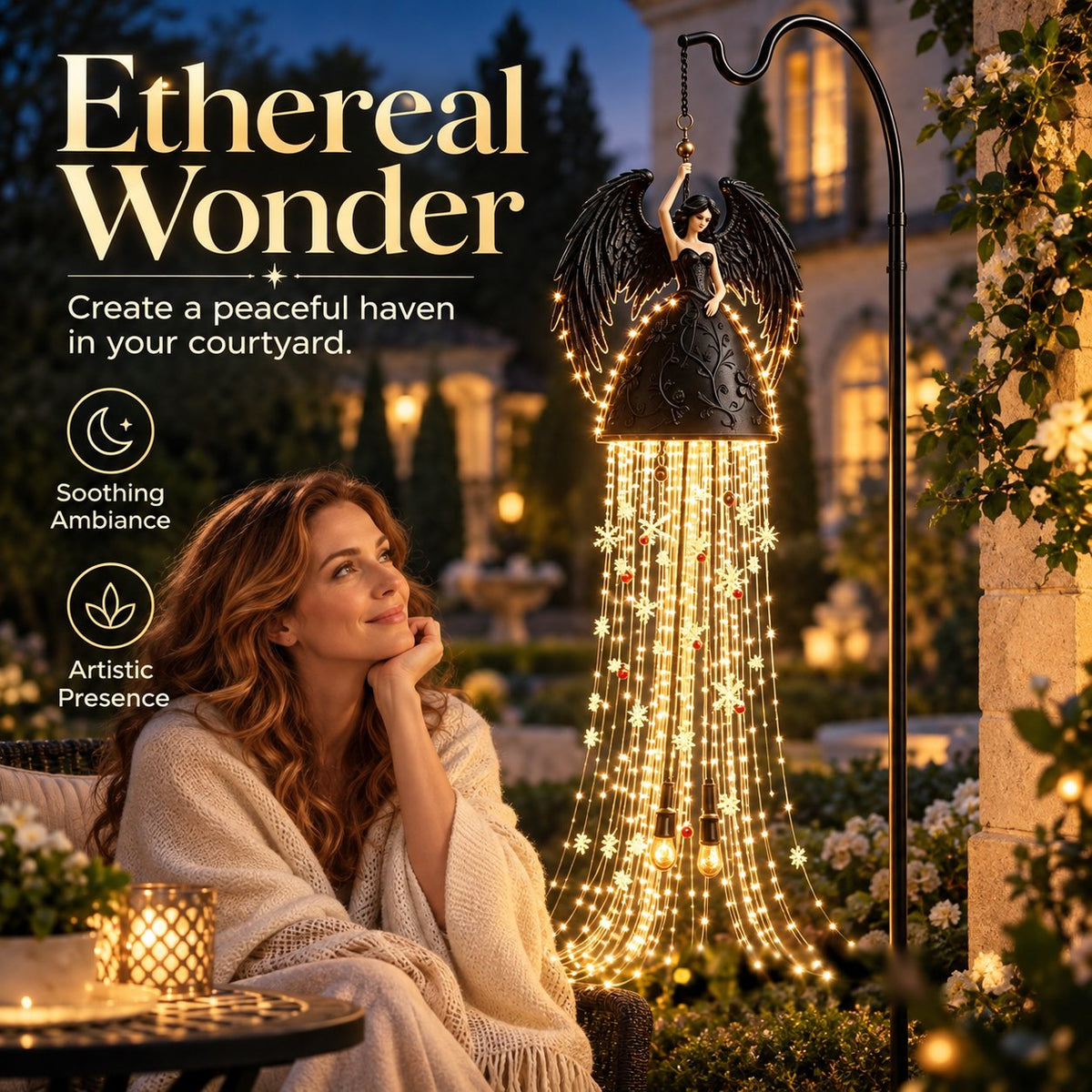 Gothic Dark Angel Starlight Waterfall Outdoor Resin Garden Light