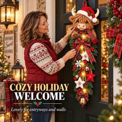 ✨🎄Lighted Highland CowChristmas Door Swag - ACozy Holiday Welcome