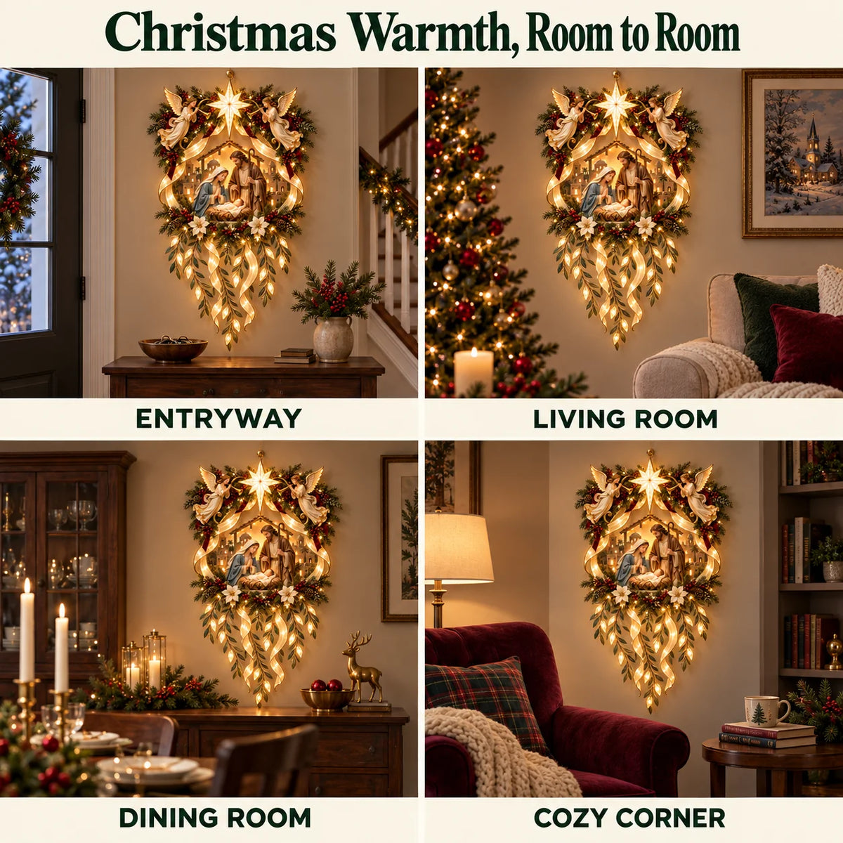 ✨ Holy Night Glow – Lighted Nativity Wall Décor With Angels & Cascading Ribbons 🎄