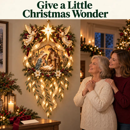 ✨ Holy Night Glow – Lighted Nativity Wall Décor With Angels & Cascading Ribbons 🎄