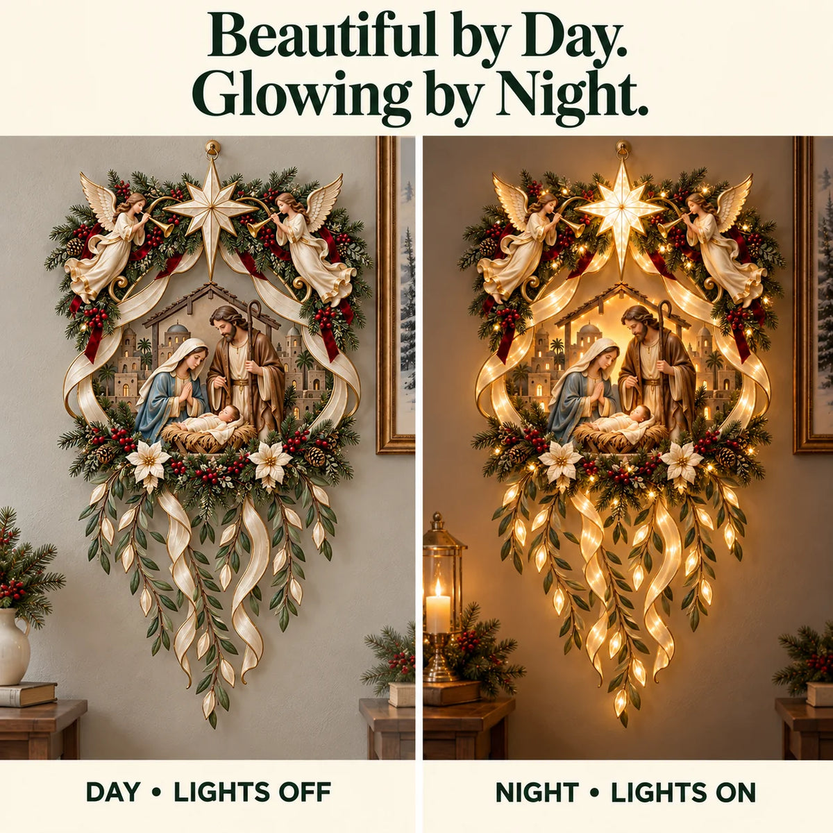 ✨ Holy Night Glow – Lighted Nativity Wall Décor With Angels & Cascading Ribbons 🎄