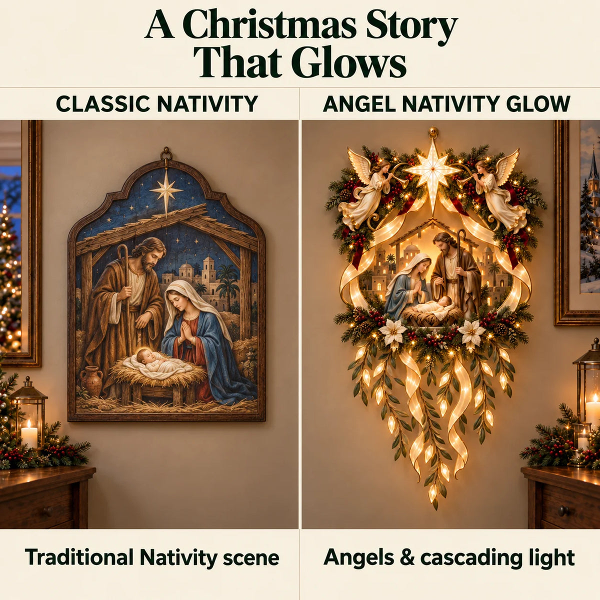 ✨ Holy Night Glow – Lighted Nativity Wall Décor With Angels & Cascading Ribbons 🎄