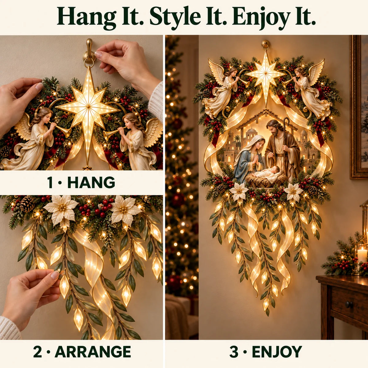 ✨ Holy Night Glow – Lighted Nativity Wall Décor With Angels & Cascading Ribbons 🎄