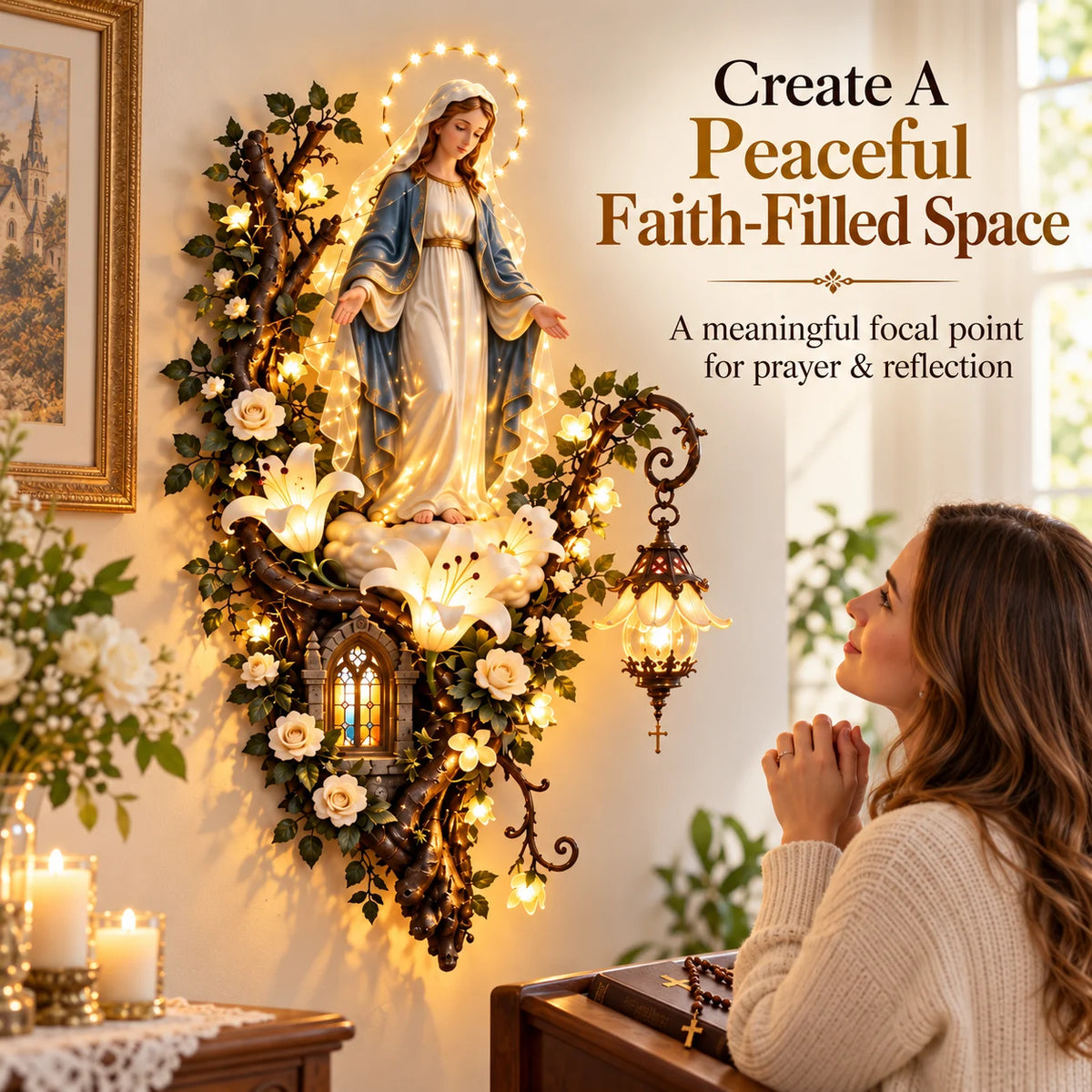 Illuminated Virgin Mary Floral Wall Decor