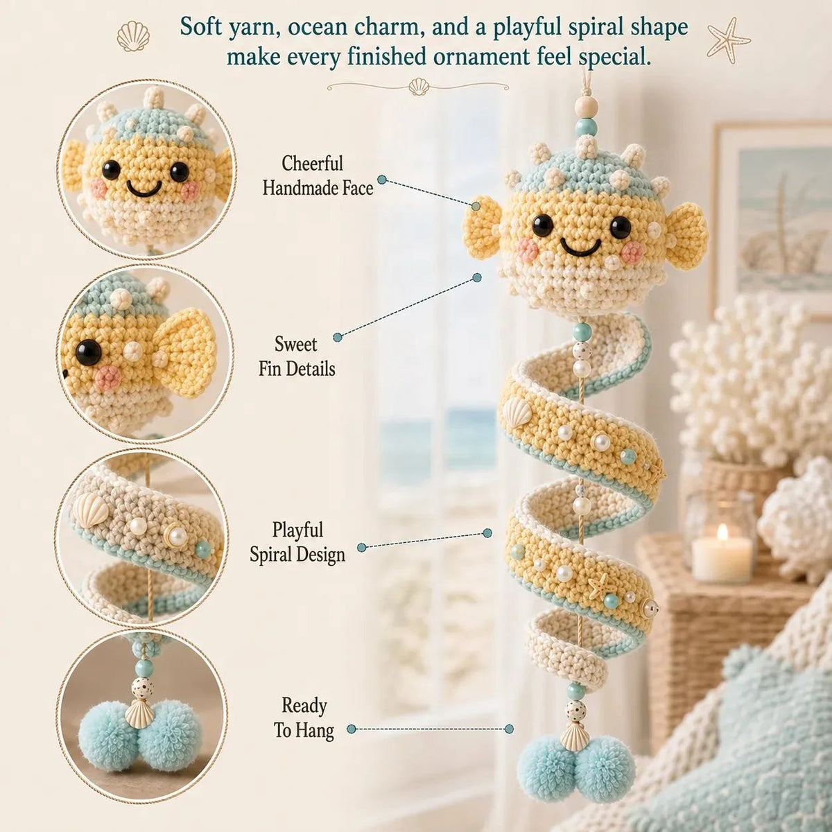 🌊Sea-animal themed crochet hanging kit (spiral) for beginners | Complete kit with all tools and step-by-step guide included💕