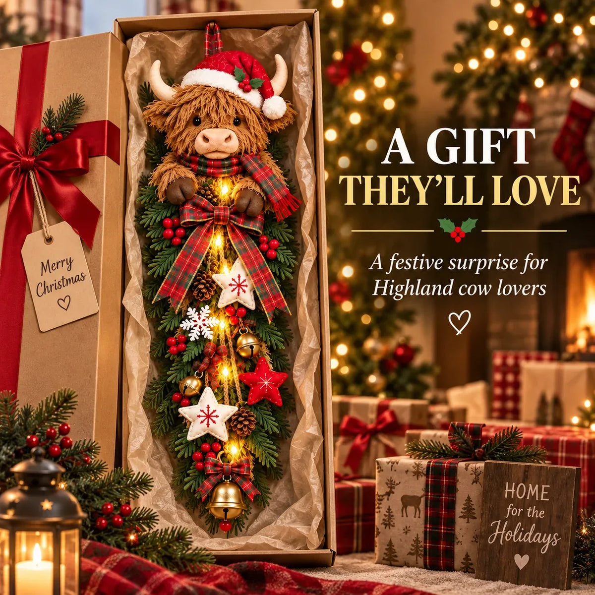 ✨🎄Lighted Highland CowChristmas Door Swag - ACozy Holiday Welcome