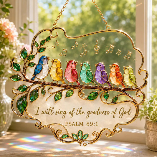 🔥Last Day 57% OFF - 🎵 Psalm 89:1 Songbird Window Suncatcher | Stained-Glass Style Faith Decor with Colorful Birds & Scripture 🕊️✨