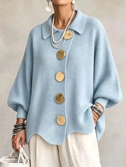 Women French Lapel Irregular Hem Lantern Sleeve Knit Cardigan