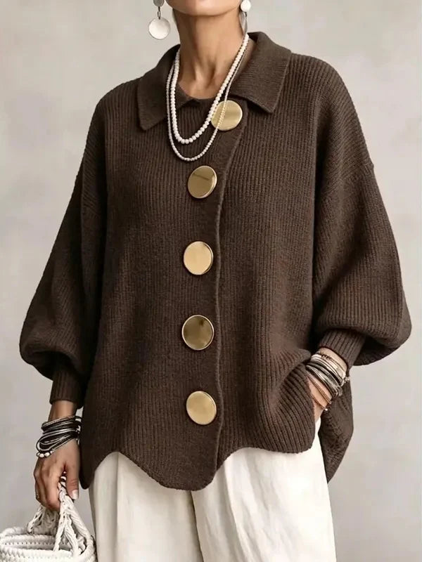 Women French Lapel Irregular Hem Lantern Sleeve Knit Cardigan