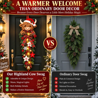 ✨🎄Lighted Highland CowChristmas Door Swag - ACozy Holiday Welcome