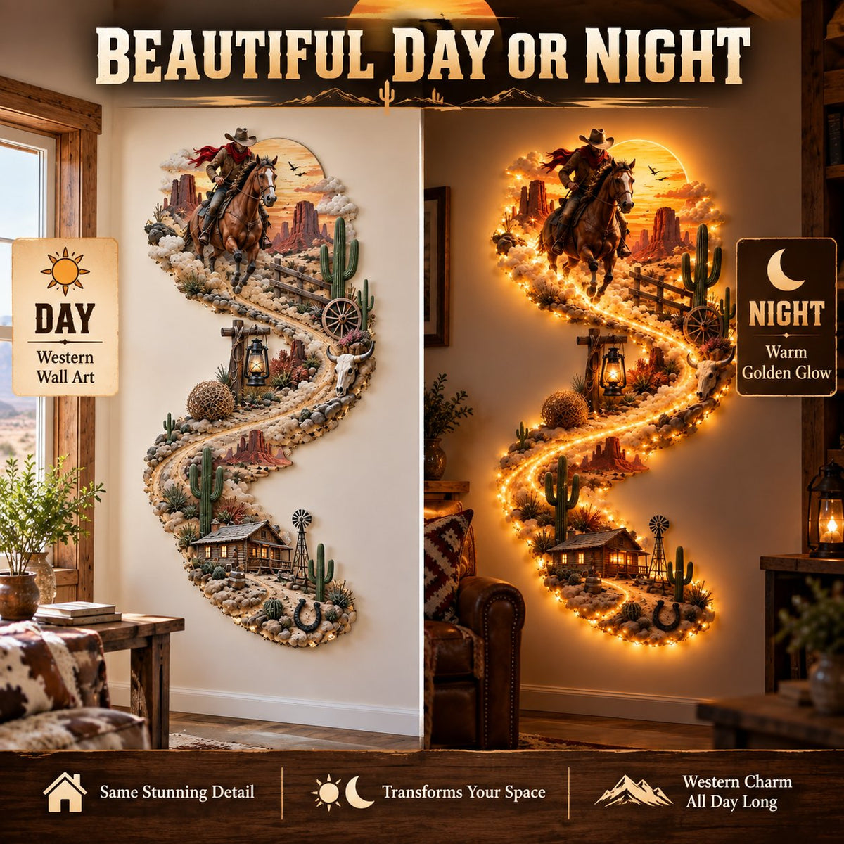 🤠 Western Cowboy LED Wall Decor – Lighted Wild West Desert Scene with Horseback Rider, Cactus & Ranch Details
