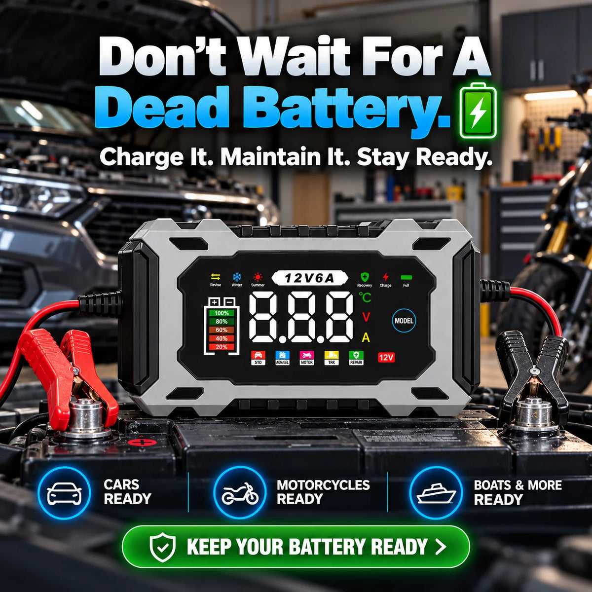 12V 6A Smart Battery Charger Maintainer - Fully Automatic Trickle Charger