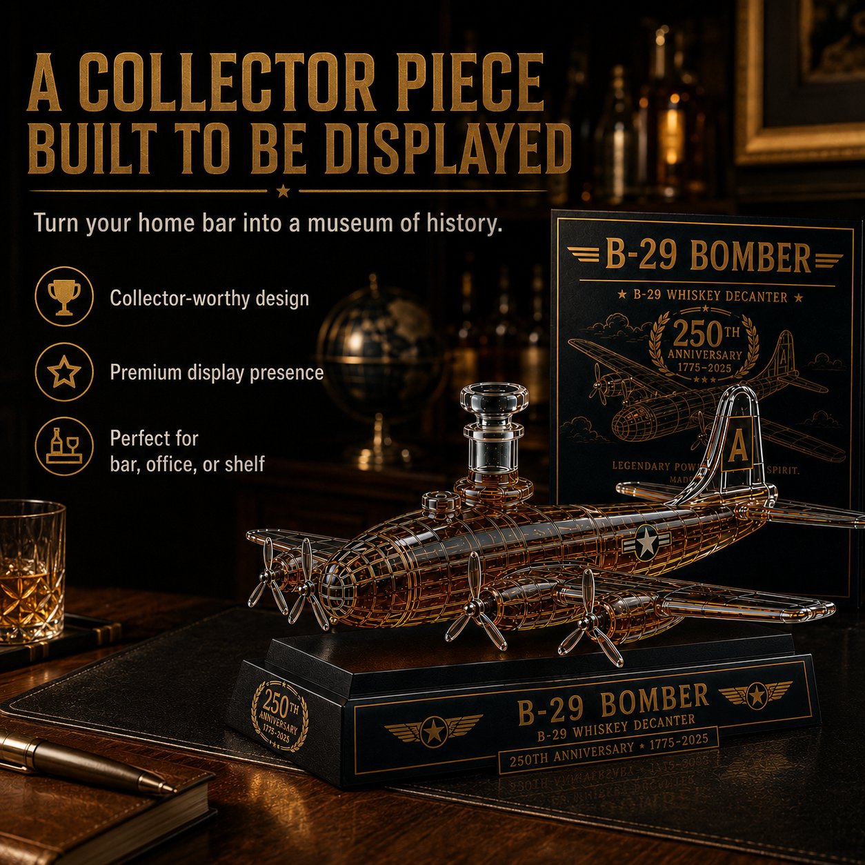 B-29 Bomber Collectible Whiskey Decanter, American Aviation History Inspired Glass Bottle with Display Base, 250th Anniversary Limited Style Gift
