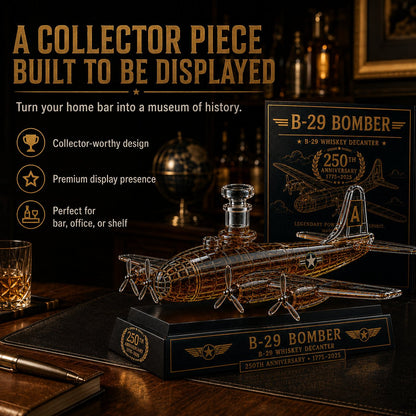 B-29 Bomber Collectible Whiskey Decanter, American Aviation History Inspired Glass Bottle with Display Base, 250th Anniversary Limited Style Gift