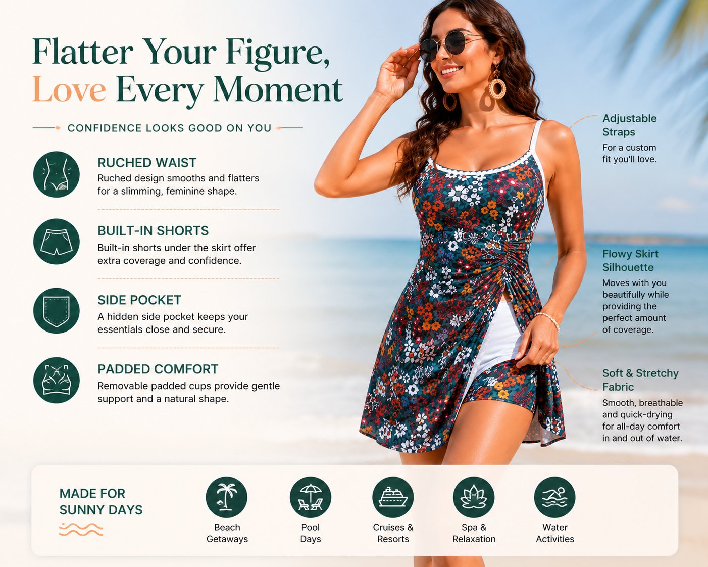 Women's Floral Print Tummy Control Swimdress – One Piece Bathing Suit with Pockets & Whip Stitch Detail