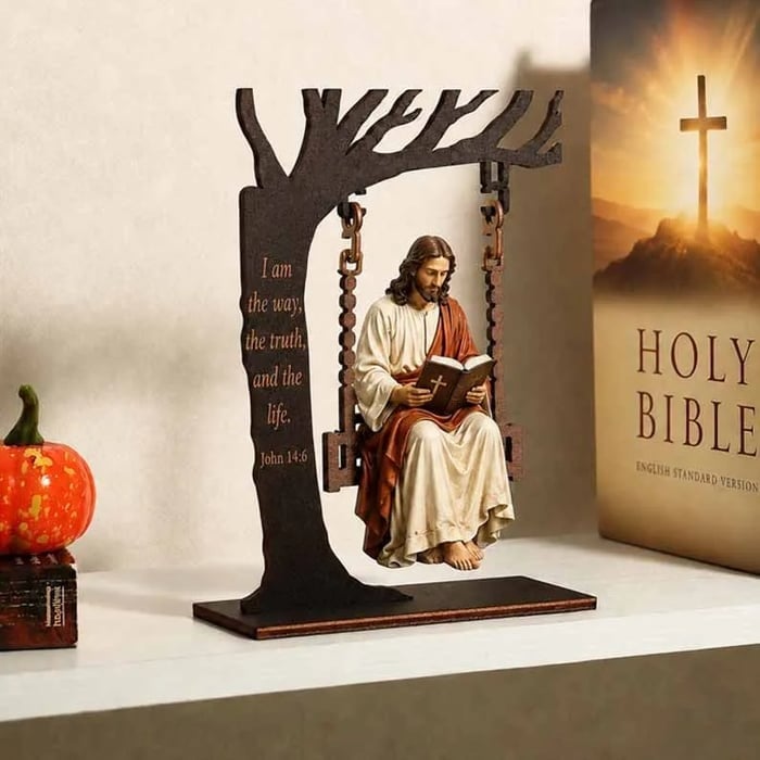 ✝️ Blessed Mary Cradle Swing Ornament – Luke 1:46–47 Faith Table Decor | Holy Virgin Prayer Sculpture with Dove & Crescent Arch Home Decoration